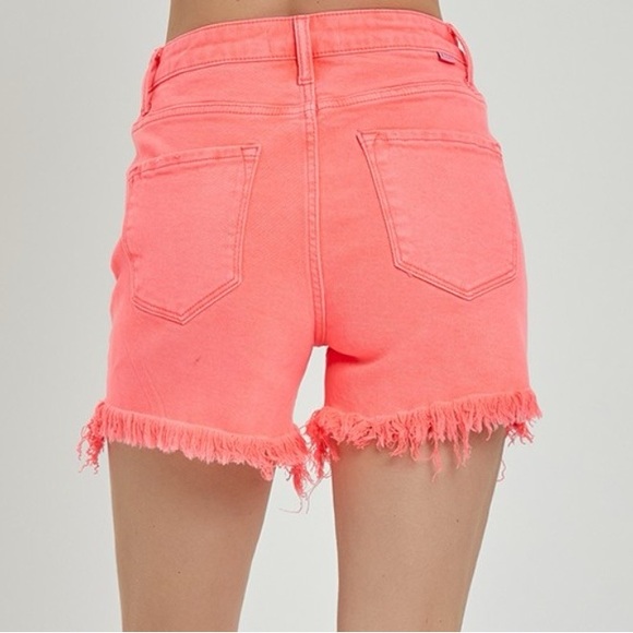 NWT RISEN Neon Coral Pink Raw Hem Asymmetrical Waist Denim Shorts - Picture 3 of 4